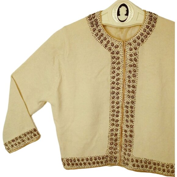 Vintage 50s Embellished Cashmere Cardigan Sweater Lady(38) Beaded-Border Lined - Picture 2 of 13